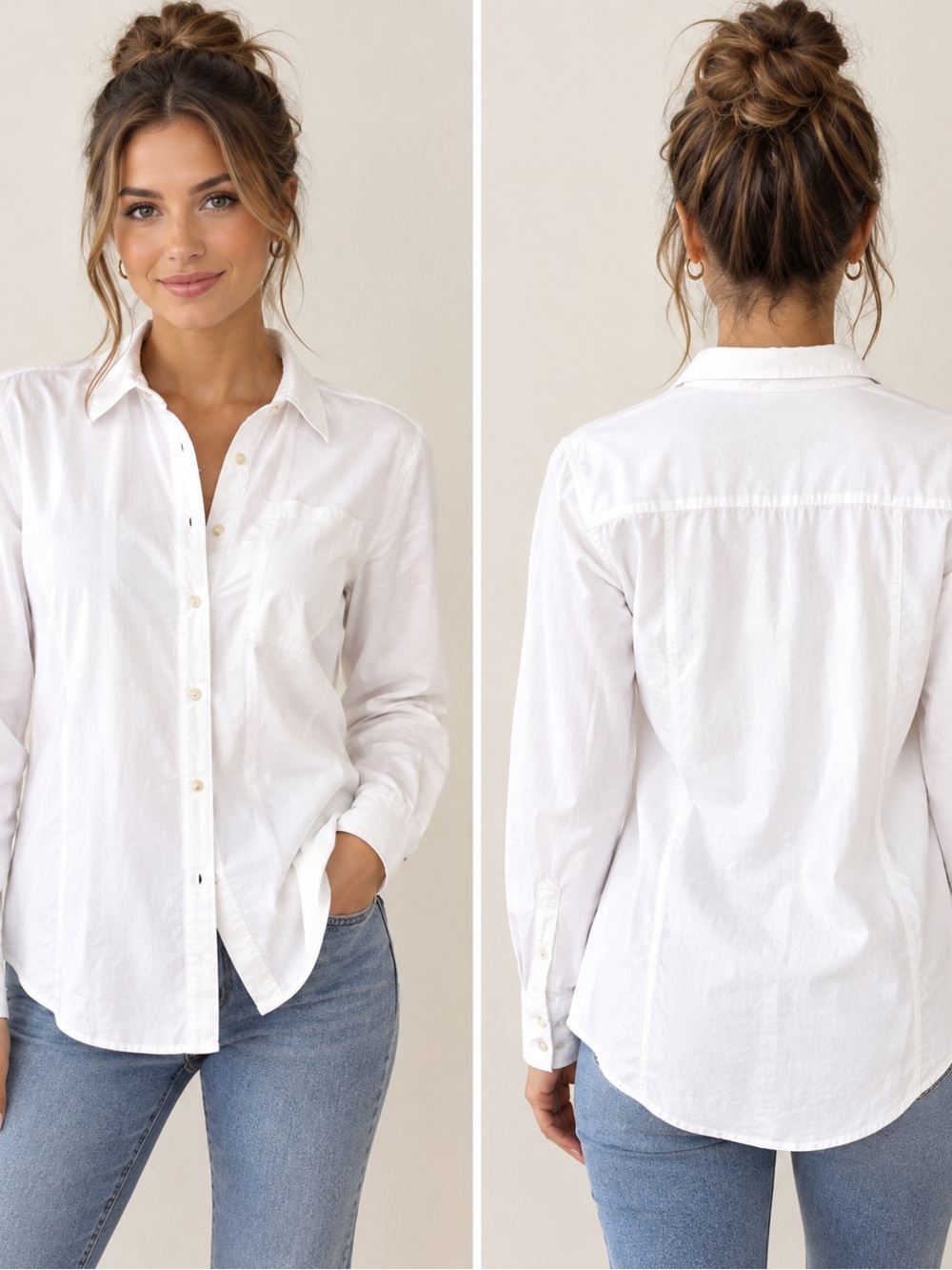 Women's White Button-Down 100% Cotton Shirt - Classic Collared Top